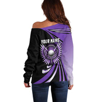Personalized Purple Winged Golf Ball Off Shoulder Sweater Bold Golf Graphic Design - Wonder Print Shop