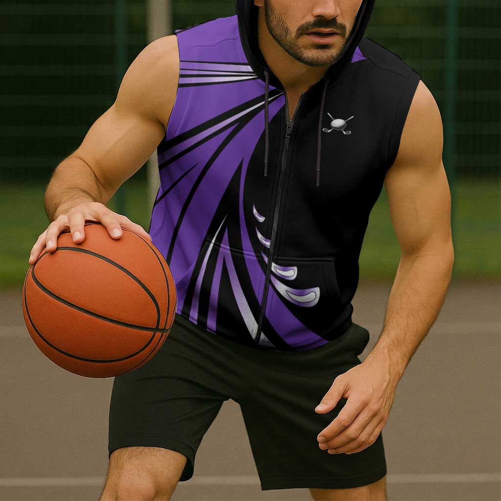 Personalized Purple Winged Golf Ball Sleeveless Zip Hoodie Bold Golf Graphic Design - Wonder Print Shop