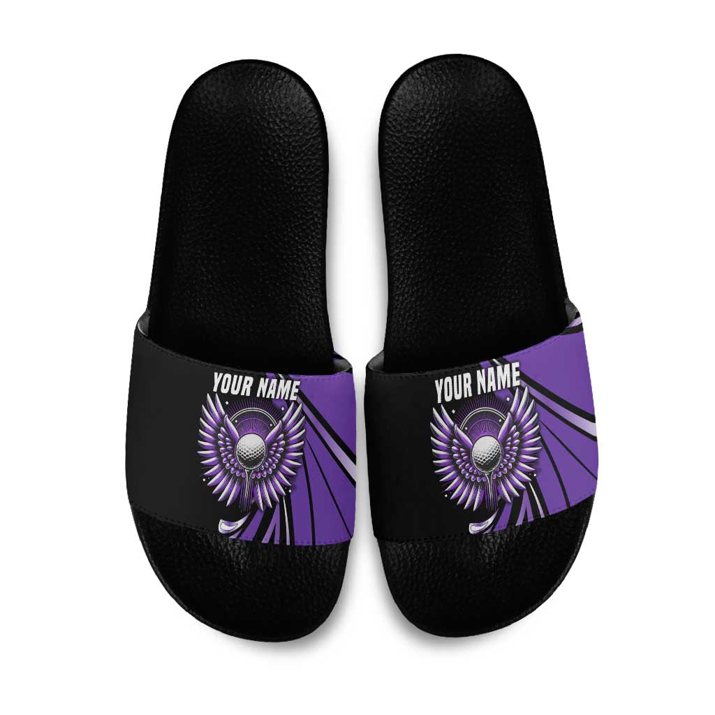 Personalized Purple Winged Golf Ball Slide Sandals Bold Golf Graphic Design - Wonder Print Shop
