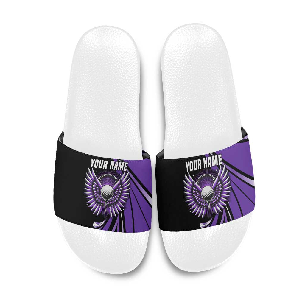 Personalized Purple Winged Golf Ball Slide Sandals Bold Golf Graphic Design - Wonder Print Shop