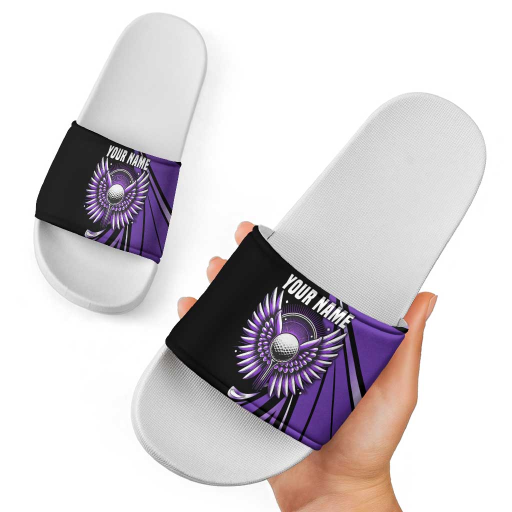 Personalized Purple Winged Golf Ball Slide Sandals Bold Golf Graphic Design - Wonder Print Shop