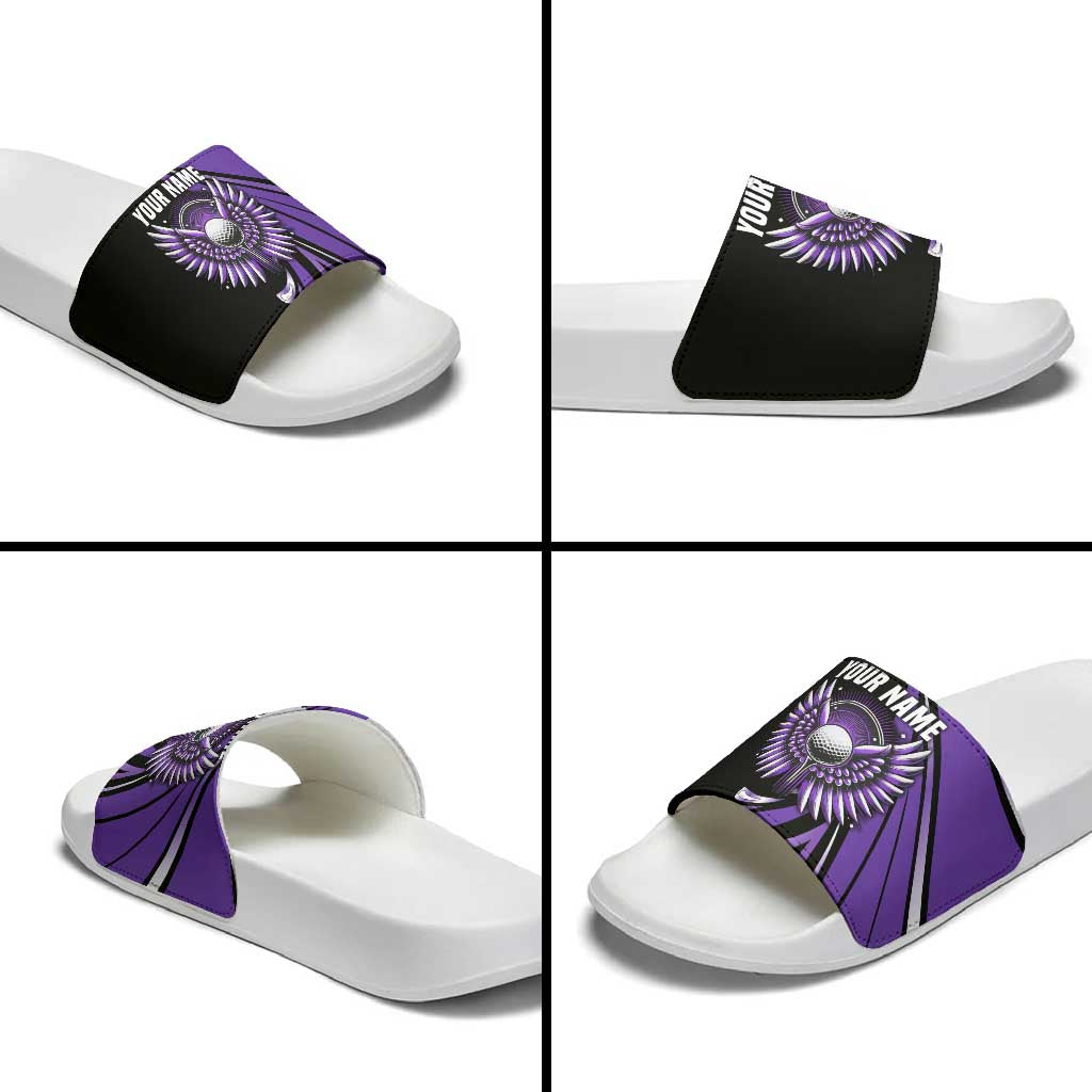 Personalized Purple Winged Golf Ball Slide Sandals Bold Golf Graphic Design - Wonder Print Shop