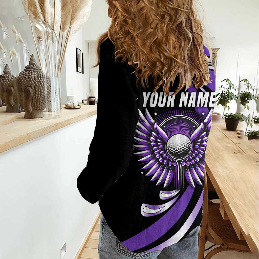 Personalized Purple Winged Golf Ball Women Casual Shirt Bold Golf Graphic Design - Wonder Print Shop
