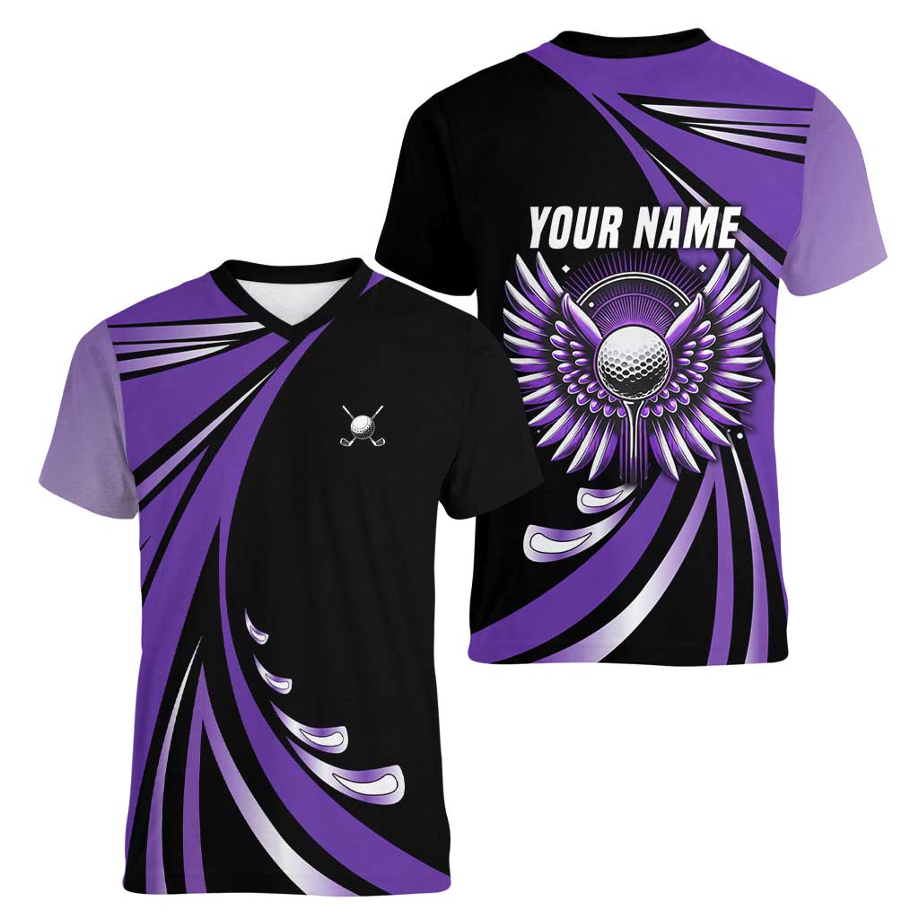 Personalized Purple Winged Golf Ball Women V-Neck T-Shirt Bold Golf Graphic Design - Wonder Print Shop