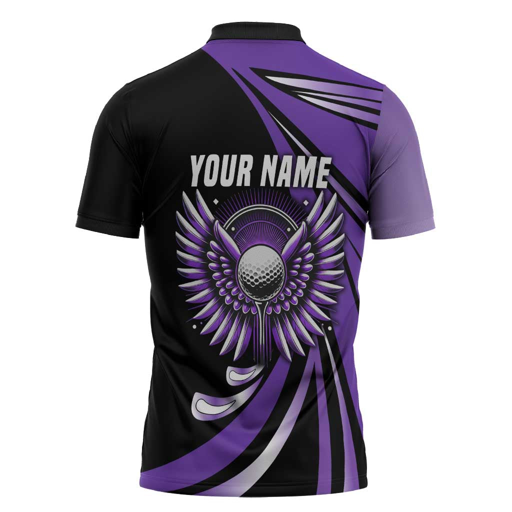 Personalized Purple Winged Golf Ball Zipper Polo Shirt Bold Golf Graphic Design - Wonder Print Shop