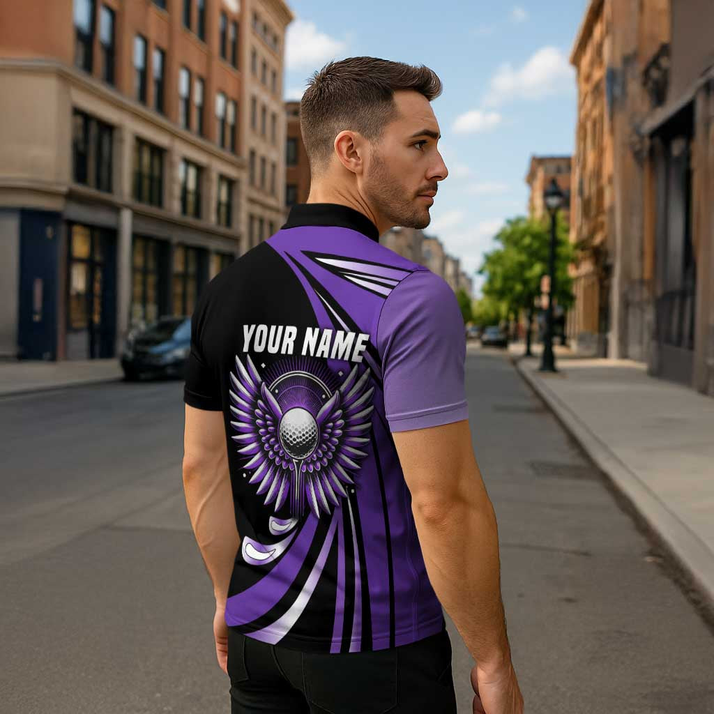 Personalized Purple Winged Golf Ball Zipper Polo Shirt Bold Golf Graphic Design - Wonder Print Shop