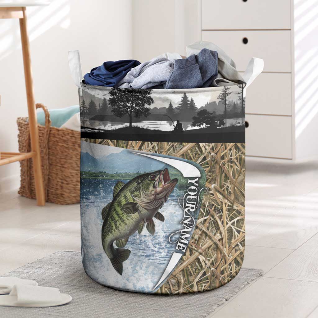 Personalized Largemouth Bass Fishing Laundry Basket with Camo Reeds - Outdoor Angler Design - Wonder Print Shop