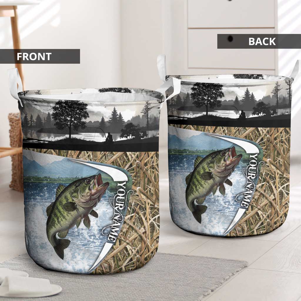 Personalized Largemouth Bass Fishing Laundry Basket with Camo Reeds - Outdoor Angler Design - Wonder Print Shop