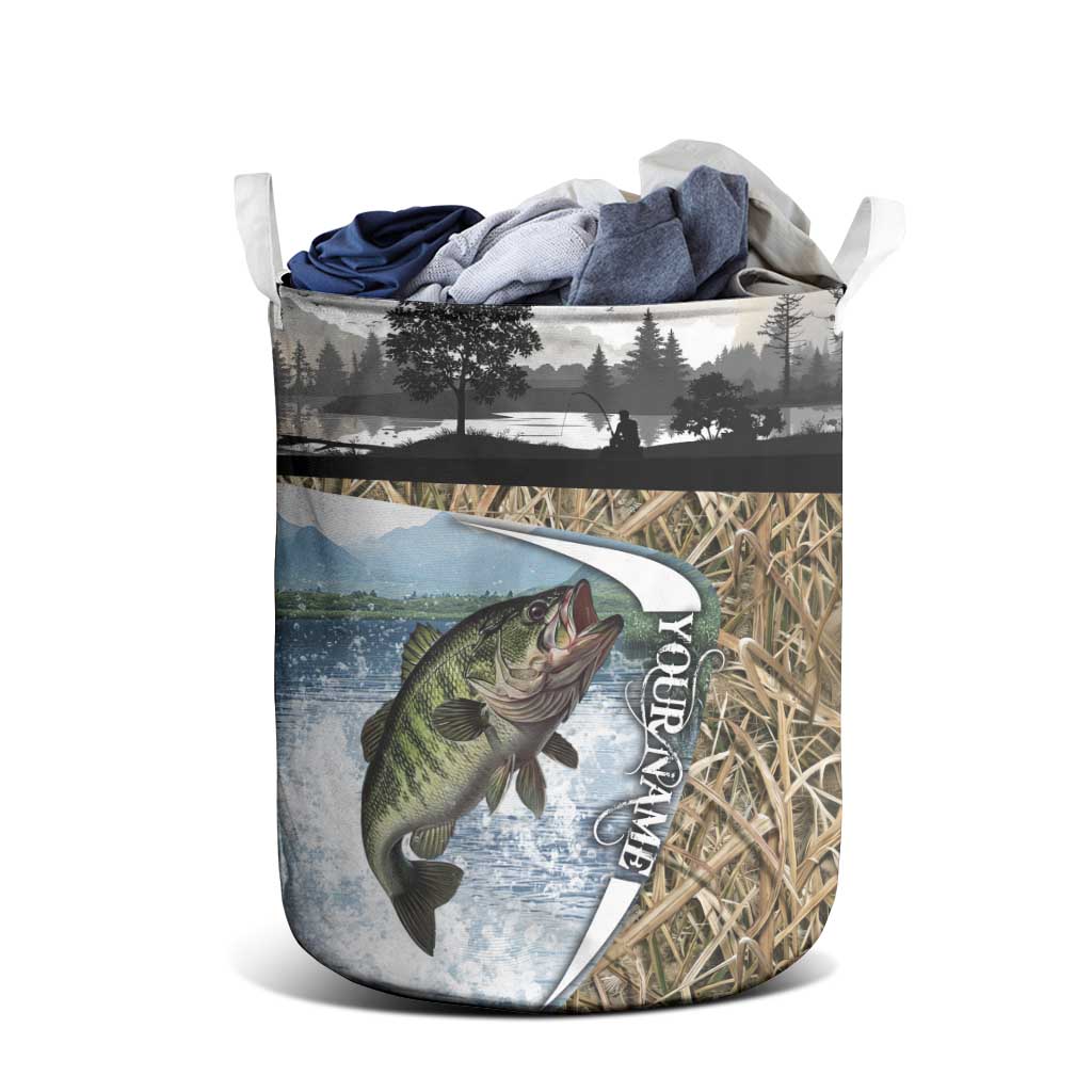Personalized Largemouth Bass Fishing Laundry Basket with Camo Reeds - Outdoor Angler Design - Wonder Print Shop