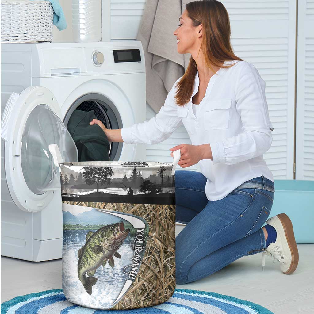 Personalized Largemouth Bass Fishing Laundry Basket with Camo Reeds - Outdoor Angler Design - Wonder Print Shop