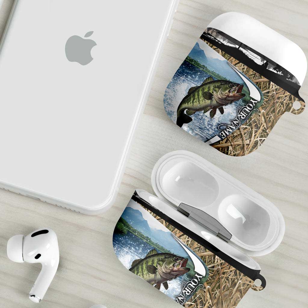 Personalized Largemouth Bass Fishing AirPods Case with Camo Reeds - Outdoor Angler Design - Wonder Print Shop