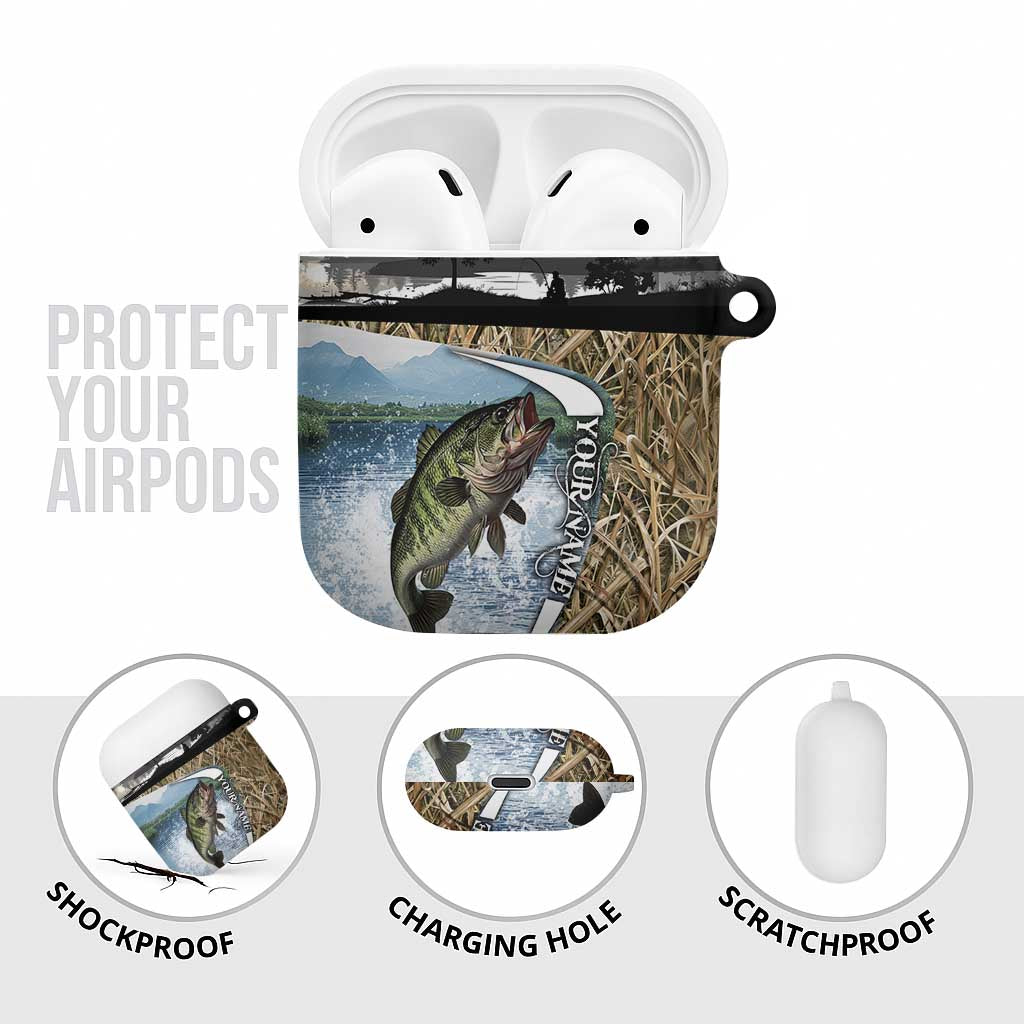 Personalized Largemouth Bass Fishing AirPods Case with Camo Reeds - Outdoor Angler Design - Wonder Print Shop