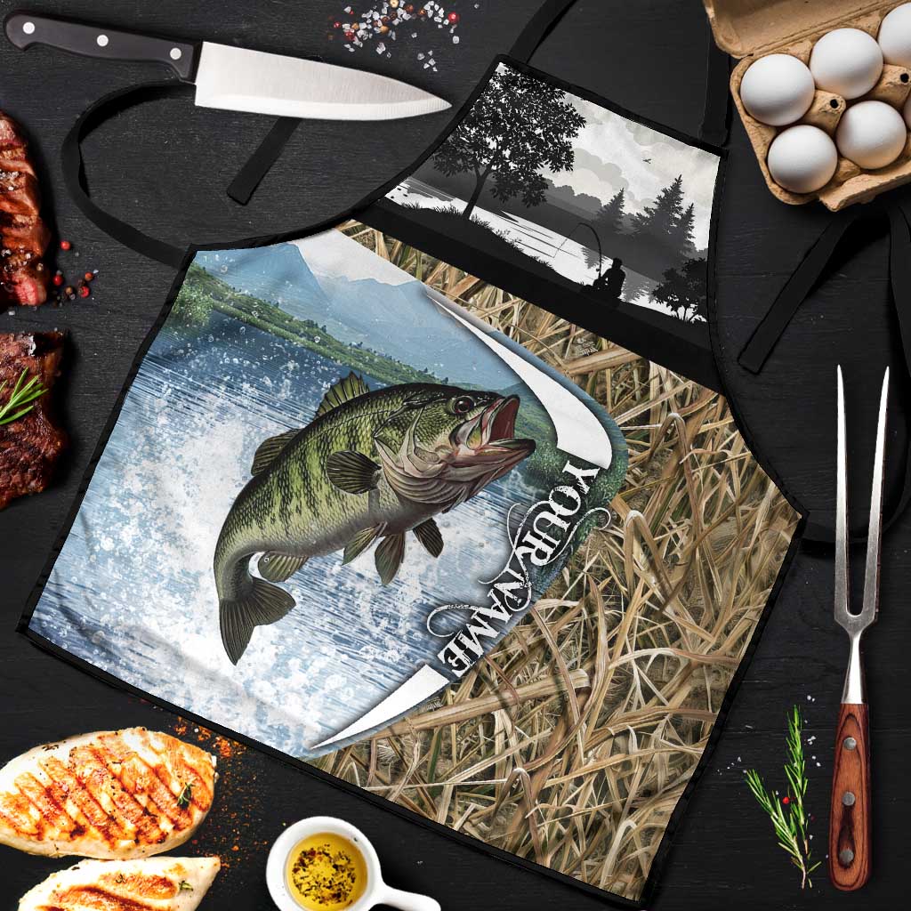 Personalized Largemouth Bass Fishing Apron with Camo Reeds - Outdoor Angler Design - Wonder Print Shop
