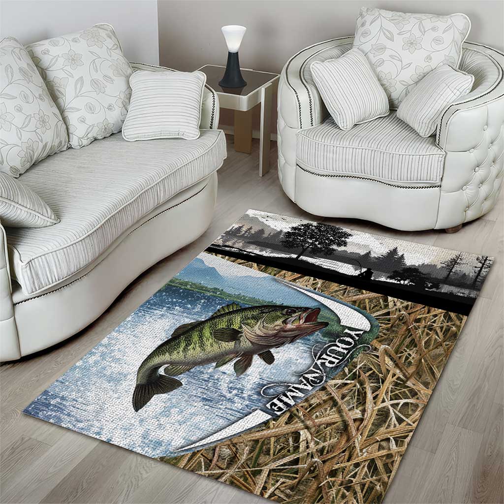 Personalized Largemouth Bass Fishing Area Rug with Camo Reeds - Outdoor Angler Design - Wonder Print Shop
