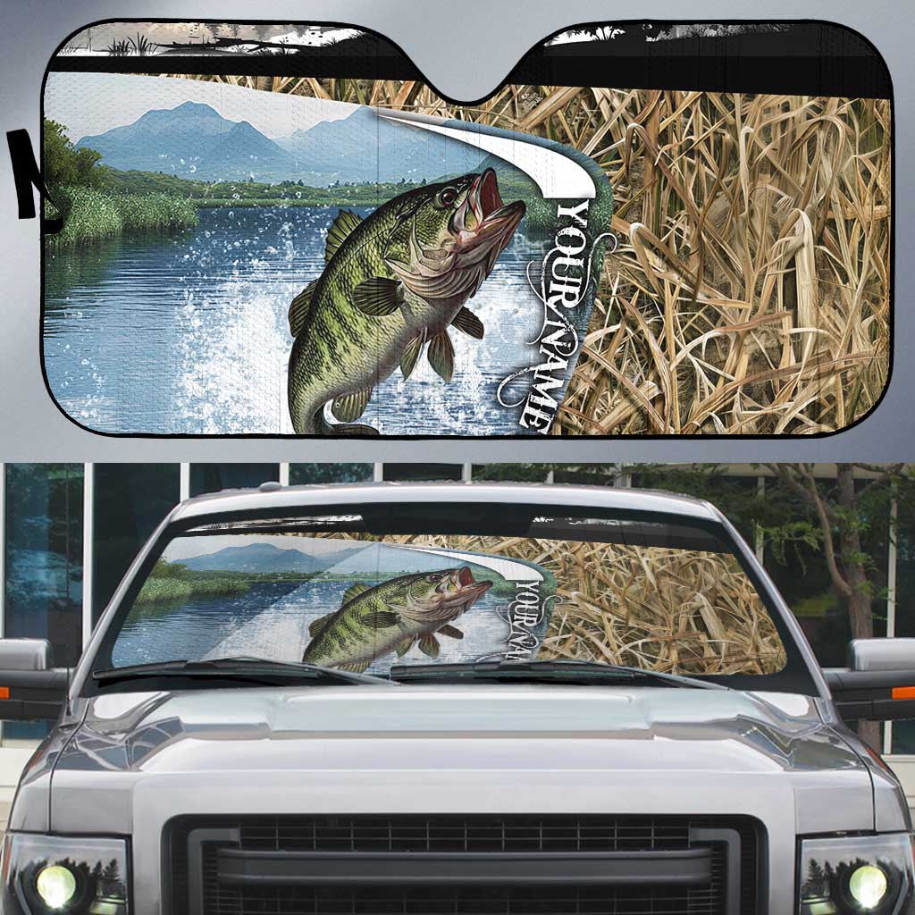 Personalized Largemouth Bass Fishing Auto Sun Shade with Camo Reeds - Outdoor Angler Design - Wonder Print Shop