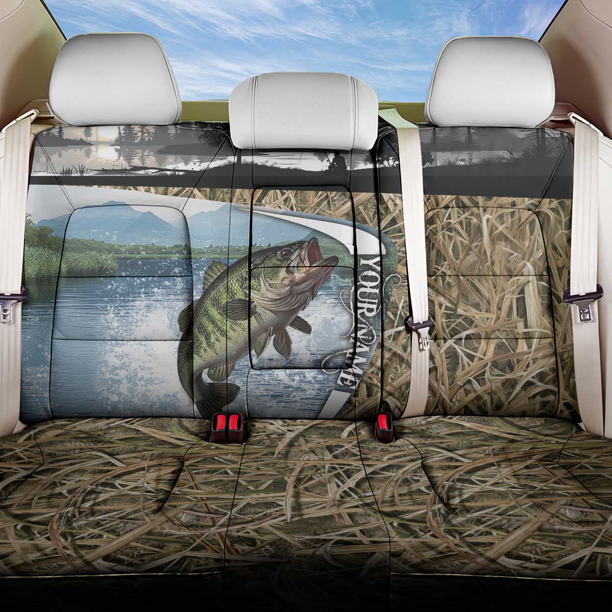 Personalized Largemouth Bass Fishing Back Car Seat Cover with Camo Reeds - Outdoor Angler Design - Wonder Print Shop