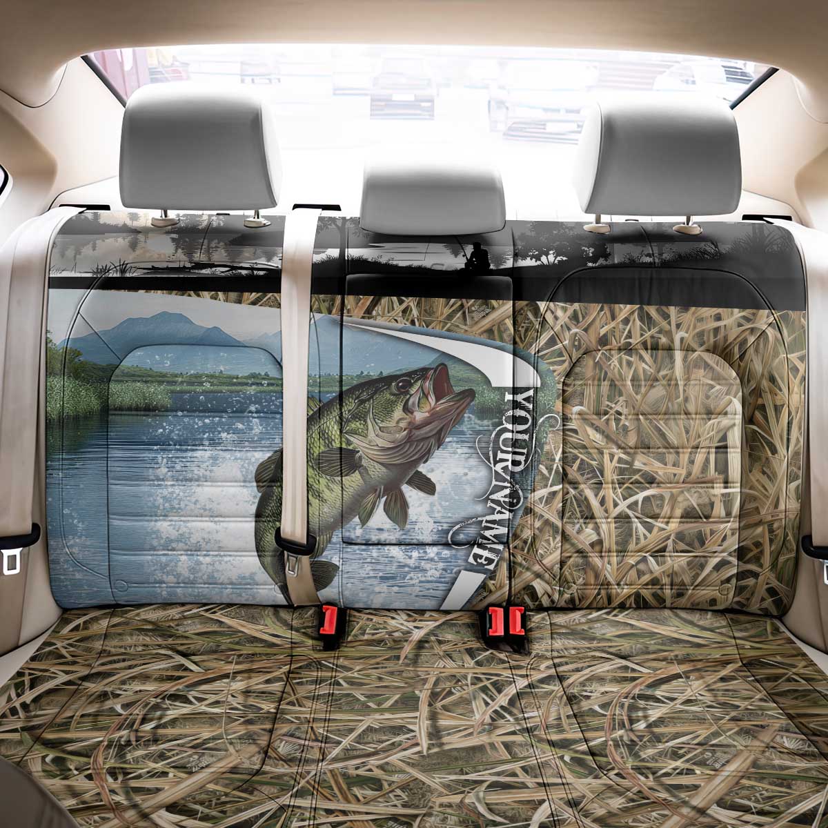 Personalized Largemouth Bass Fishing Back Car Seat Cover with Camo Reeds - Outdoor Angler Design - Wonder Print Shop