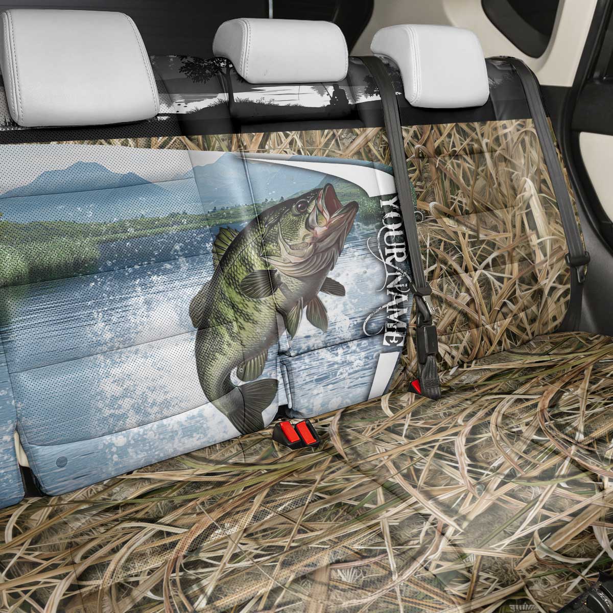 Personalized Largemouth Bass Fishing Back Car Seat Cover with Camo Reeds - Outdoor Angler Design - Wonder Print Shop