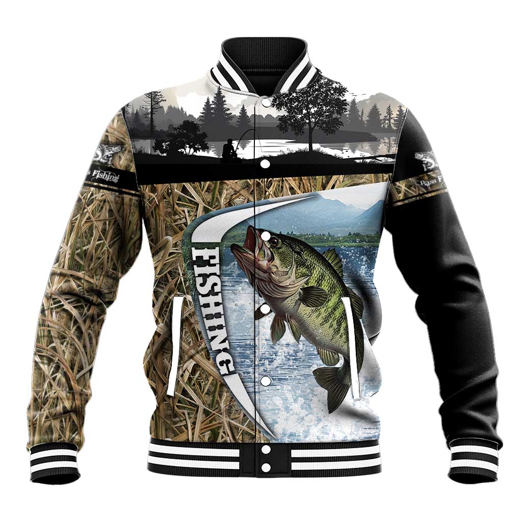 Personalized Largemouth Bass Fishing Baseball Jacket with Camo Reeds - Outdoor Angler Design - Wonder Print Shop