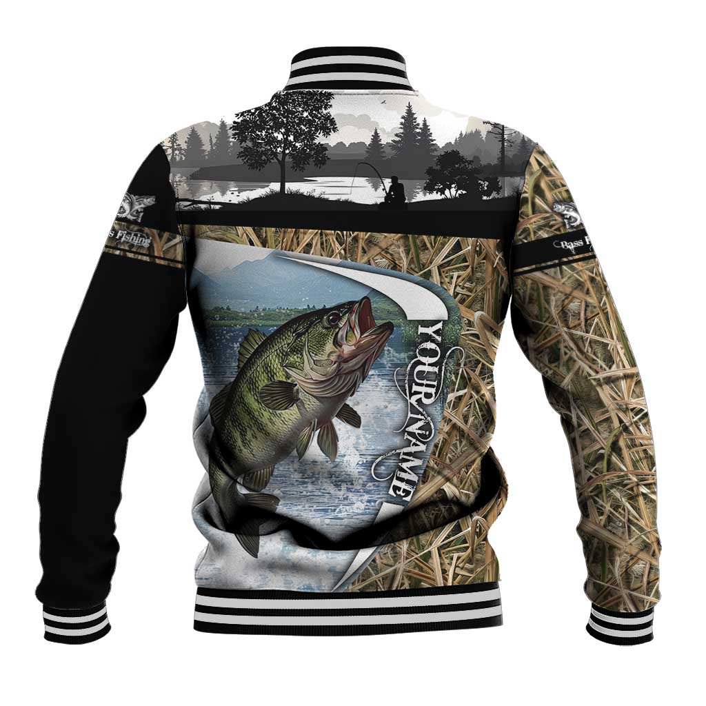Personalized Largemouth Bass Fishing Baseball Jacket with Camo Reeds - Outdoor Angler Design - Wonder Print Shop