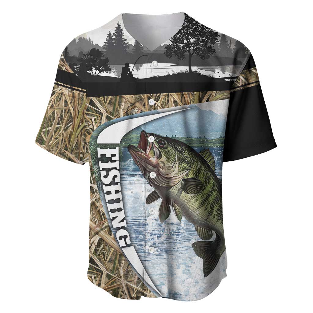 Personalized Largemouth Bass Fishing Baseball Jersey with Camo Reeds - Outdoor Angler Design - Wonder Print Shop
