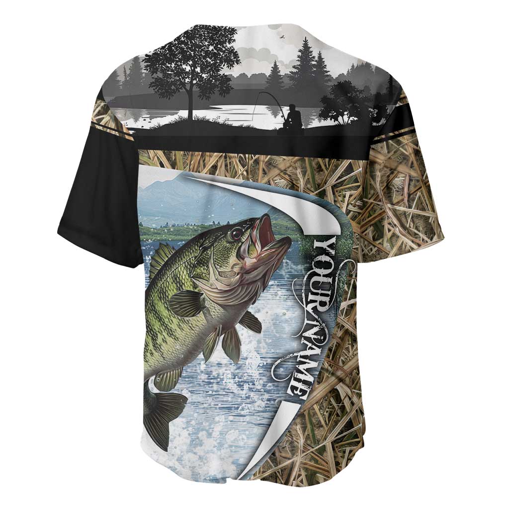 Personalized Largemouth Bass Fishing Baseball Jersey with Camo Reeds - Outdoor Angler Design - Wonder Print Shop