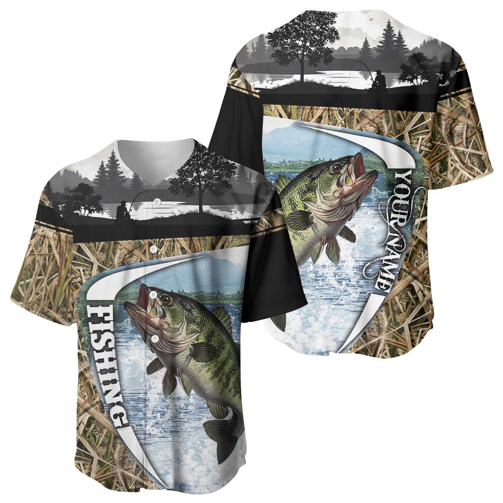 Personalized Largemouth Bass Fishing Baseball Jersey with Camo Reeds - Outdoor Angler Design - Wonder Print Shop