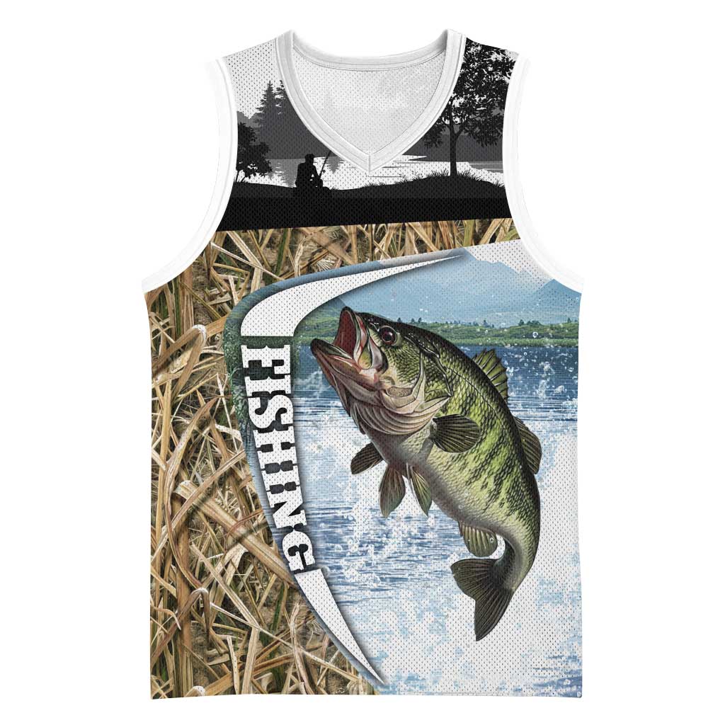 Personalized Largemouth Bass Fishing Basketball Jersey with Camo Reeds - Outdoor Angler Design - Wonder Print Shop