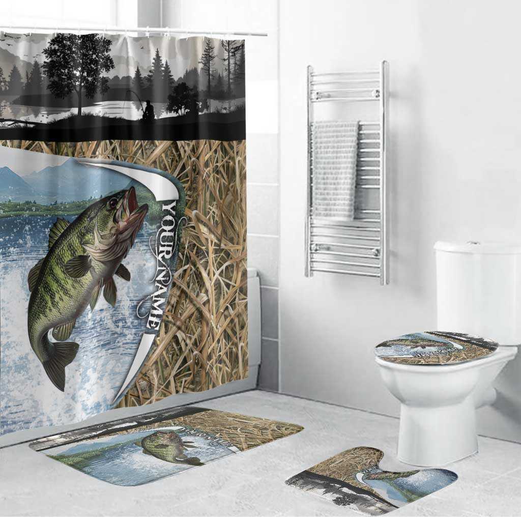 Personalized Largemouth Bass Fishing Bathroom Set with Camo Reeds - Outdoor Angler Design - Wonder Print Shop