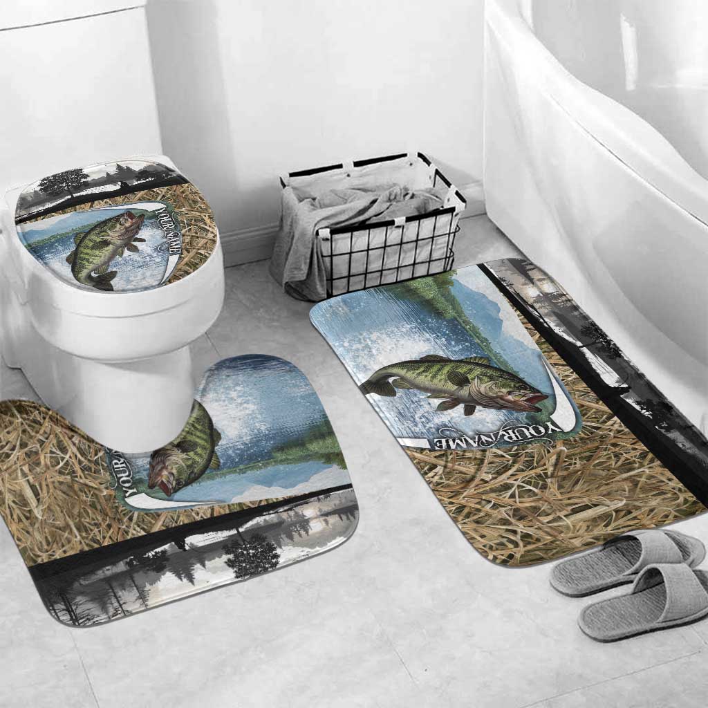 Personalized Largemouth Bass Fishing Bathroom Set with Camo Reeds - Outdoor Angler Design - Wonder Print Shop