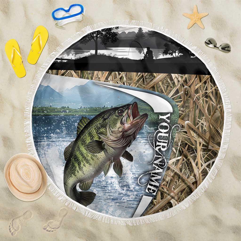 Personalized Largemouth Bass Fishing Beach Blanket with Camo Reeds - Outdoor Angler Design - Wonder Print Shop