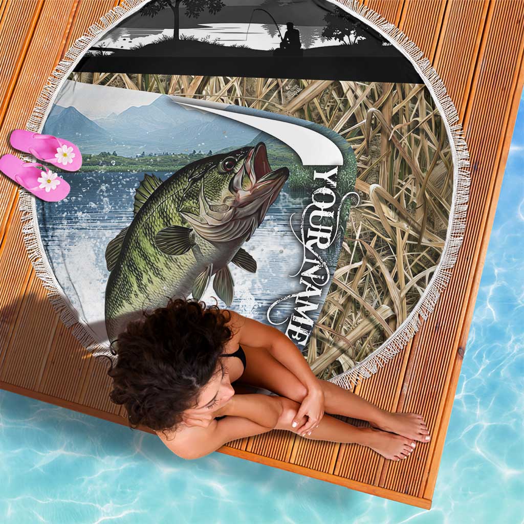 Personalized Largemouth Bass Fishing Beach Blanket with Camo Reeds - Outdoor Angler Design - Wonder Print Shop