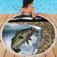 Personalized Largemouth Bass Fishing Beach Blanket with Camo Reeds - Outdoor Angler Design - Wonder Print Shop