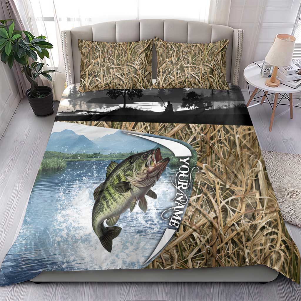 Personalized Largemouth Bass Fishing Bedding Set with Camo Reeds - Outdoor Angler Design - Wonder Print Shop