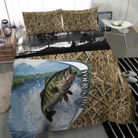Personalized Largemouth Bass Fishing Bedding Set with Camo Reeds - Outdoor Angler Design - Wonder Print Shop