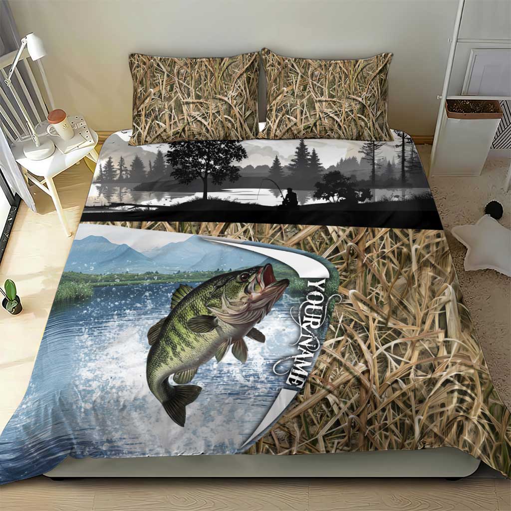 Personalized Largemouth Bass Fishing Bedding Set with Camo Reeds - Outdoor Angler Design - Wonder Print Shop