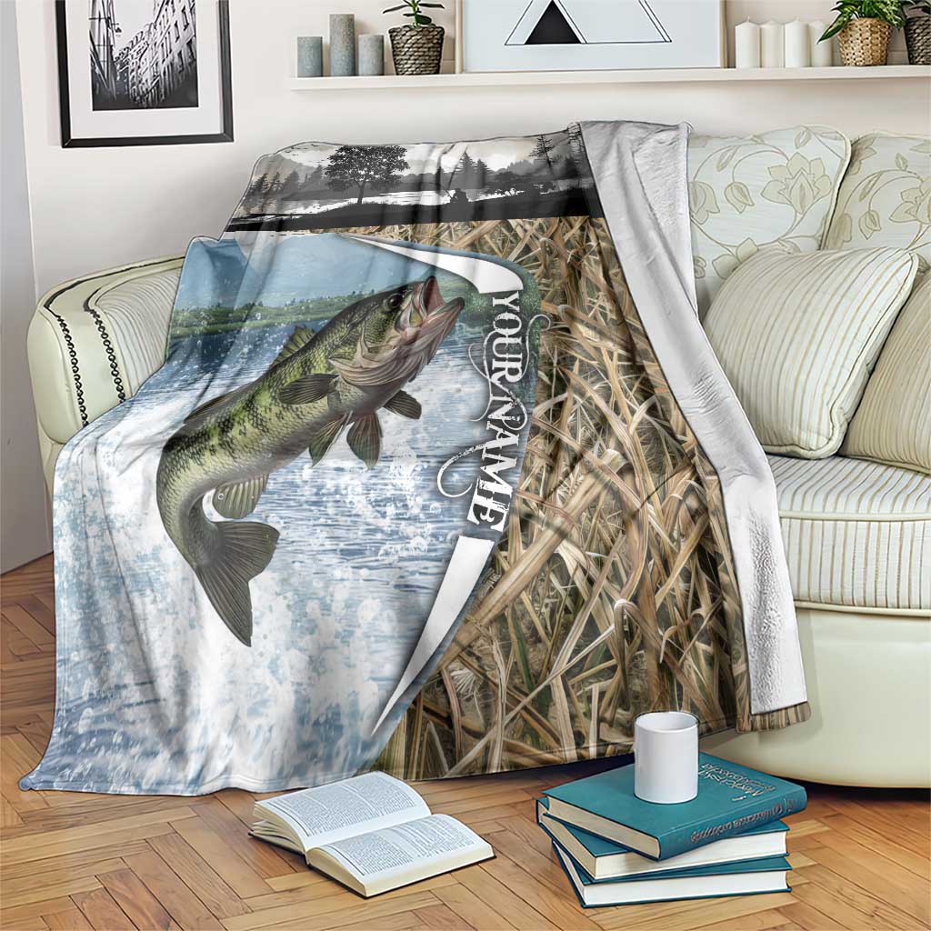 Personalized Largemouth Bass Fishing Blanket with Camo Reeds - Outdoor Angler Design - Wonder Print Shop