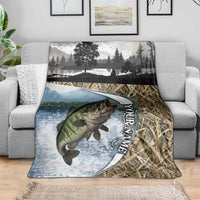 Personalized Largemouth Bass Fishing Blanket with Camo Reeds - Outdoor Angler Design - Wonder Print Shop
