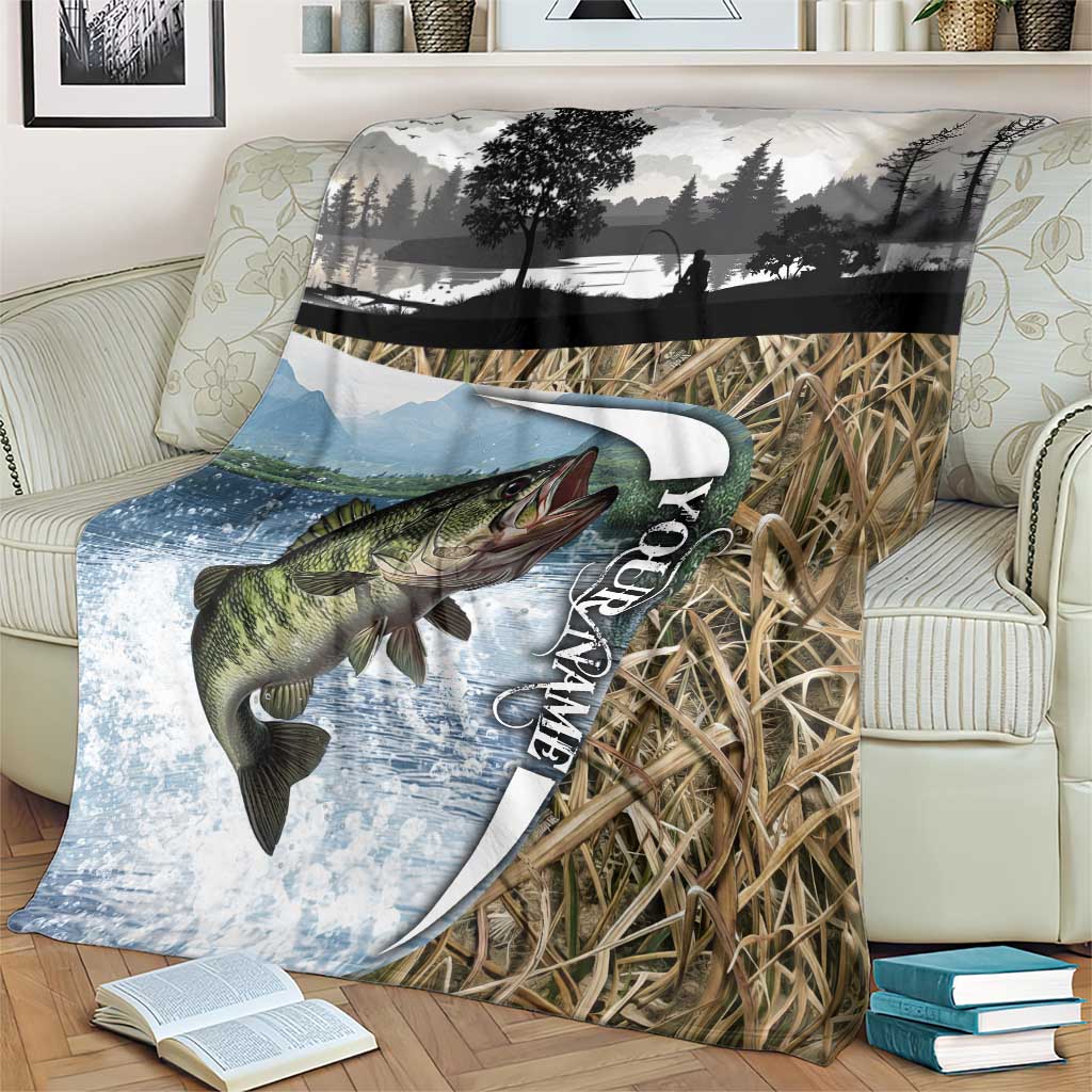 Personalized Largemouth Bass Fishing Blanket with Camo Reeds - Outdoor Angler Design - Wonder Print Shop