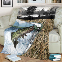 Personalized Largemouth Bass Fishing Blanket with Camo Reeds - Outdoor Angler Design - Wonder Print Shop