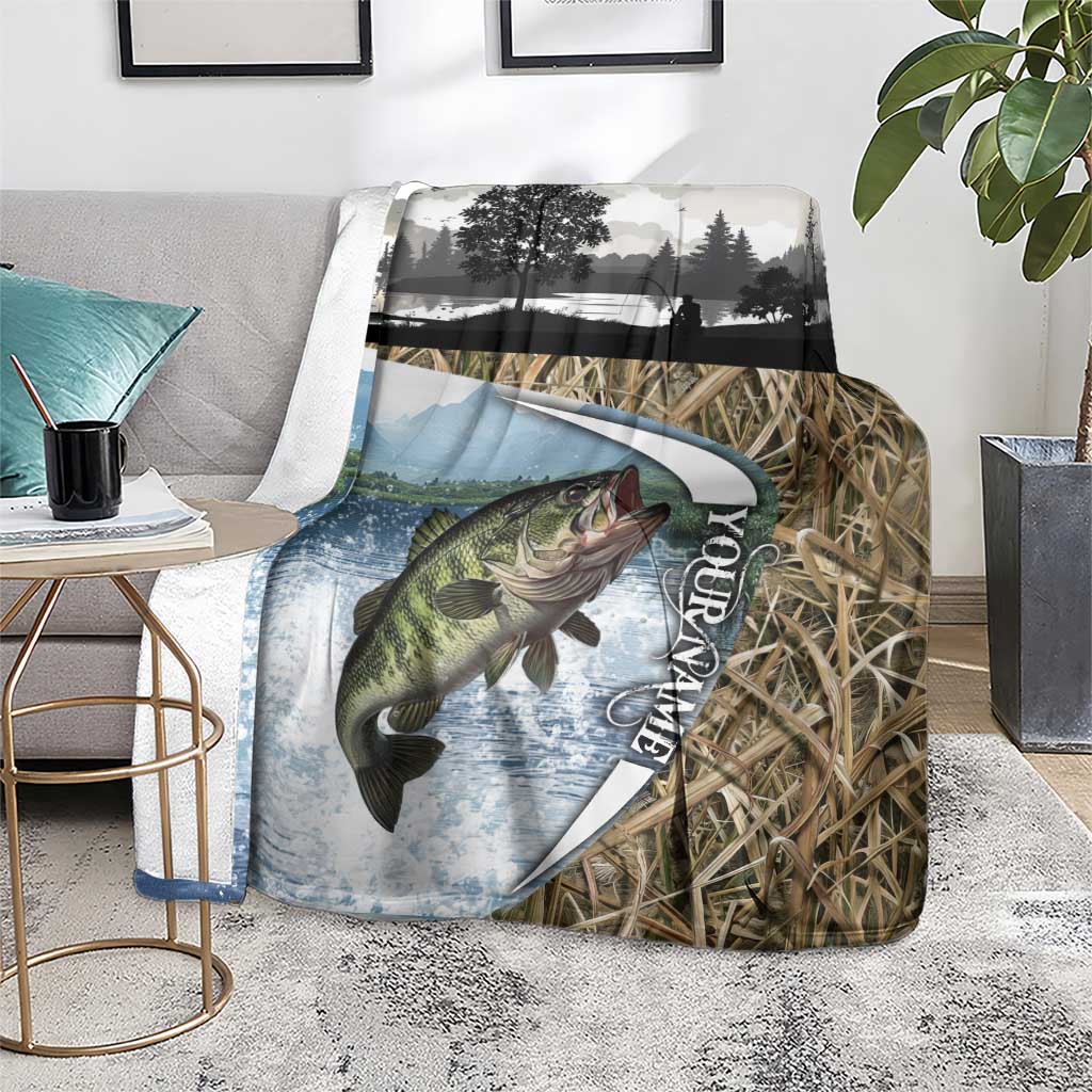 Personalized Largemouth Bass Fishing Blanket with Camo Reeds - Outdoor Angler Design - Wonder Print Shop