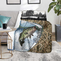 Personalized Largemouth Bass Fishing Blanket with Camo Reeds - Outdoor Angler Design - Wonder Print Shop
