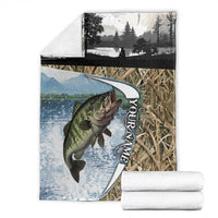 Personalized Largemouth Bass Fishing Blanket with Camo Reeds - Outdoor Angler Design - Wonder Print Shop