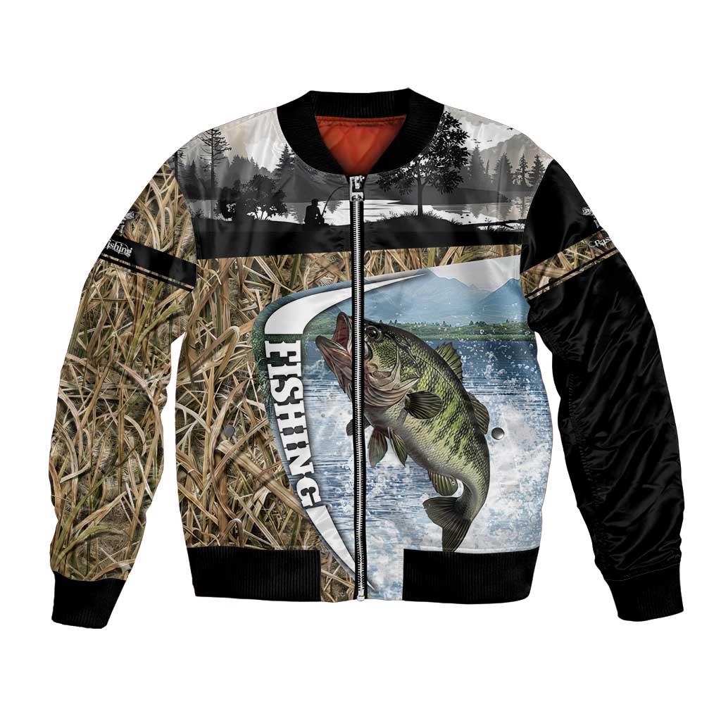 Personalized Largemouth Bass Fishing Bomber Jacket with Camo Reeds - Outdoor Angler Design - Wonder Print Shop