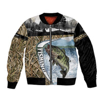 Personalized Largemouth Bass Fishing Bomber Jacket with Camo Reeds - Outdoor Angler Design - Wonder Print Shop