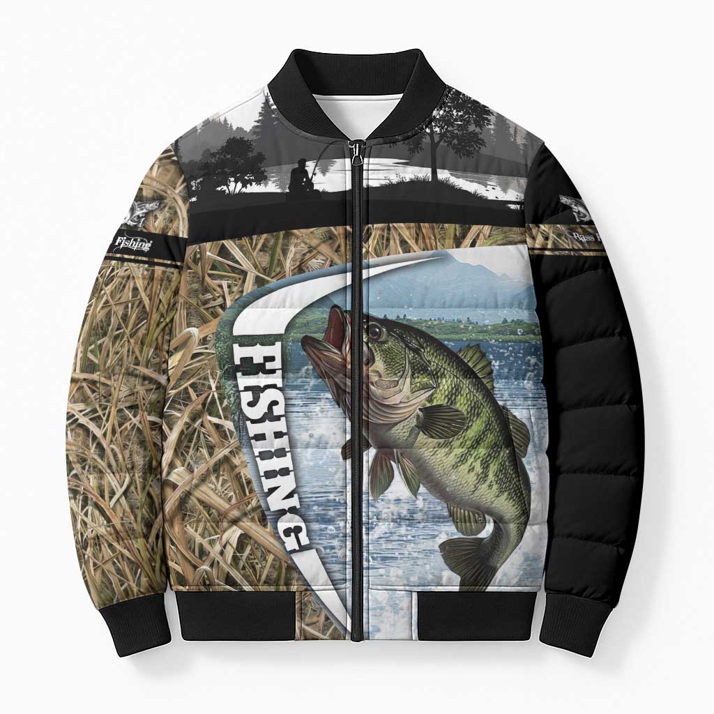 Personalized Largemouth Bass Fishing Bomber Puffer Jacket with Camo Reeds - Outdoor Angler Design - Wonder Print Shop