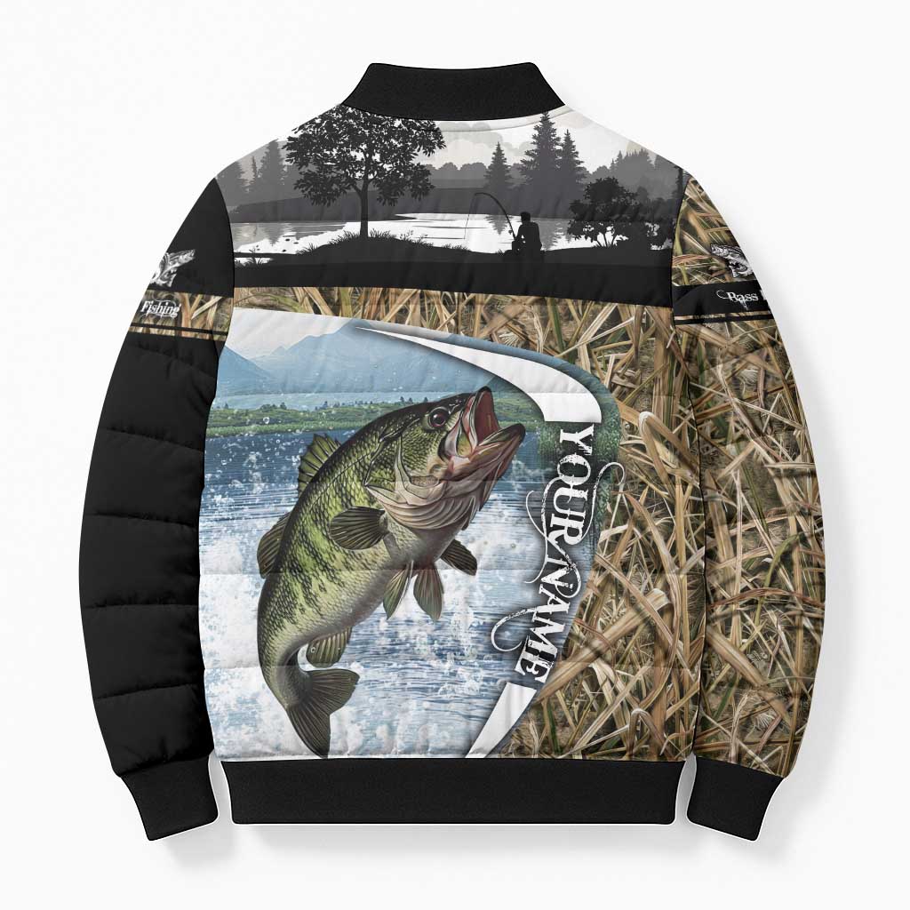 Personalized Largemouth Bass Fishing Bomber Puffer Jacket with Camo Reeds - Outdoor Angler Design - Wonder Print Shop