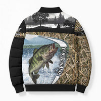 Personalized Largemouth Bass Fishing Bomber Puffer Jacket with Camo Reeds - Outdoor Angler Design - Wonder Print Shop