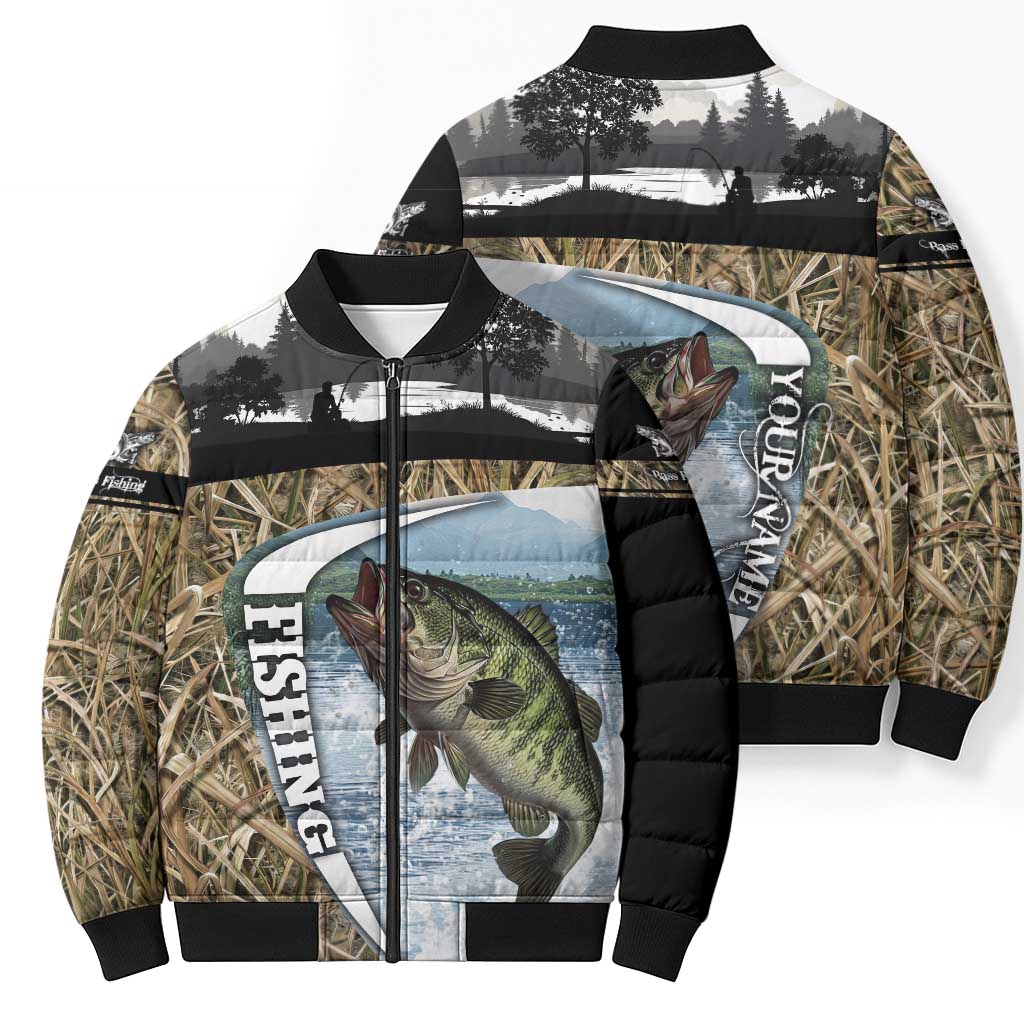 Personalized Largemouth Bass Fishing Bomber Puffer Jacket with Camo Reeds - Outdoor Angler Design - Wonder Print Shop