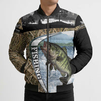 Personalized Largemouth Bass Fishing Bomber Puffer Jacket with Camo Reeds - Outdoor Angler Design - Wonder Print Shop